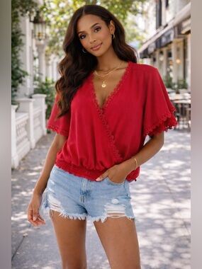 Lace-Trim Surplice Blouse in Red